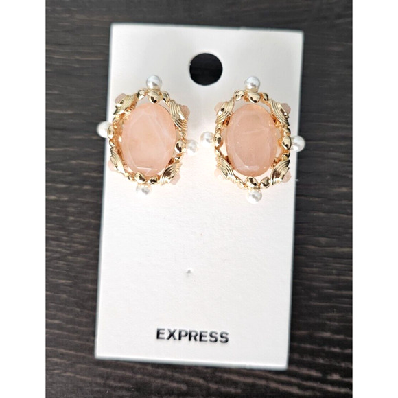 Express Pearl Embellished Stone Oval Stud Earrings Pink White Gold - Picture 4 of 9
